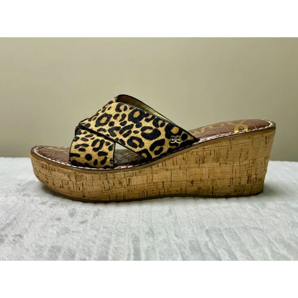 SAM EDELMAN Remini Leopard Calf Hair Cork Wedges, Sz 7.5M